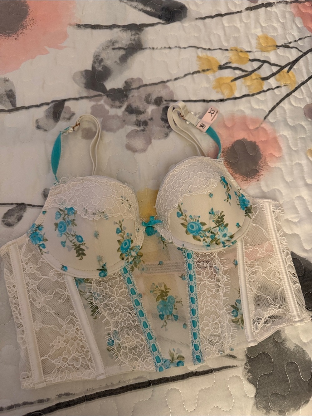 Victoria Secret Longline Lace Bustier Bra with Teal Accents